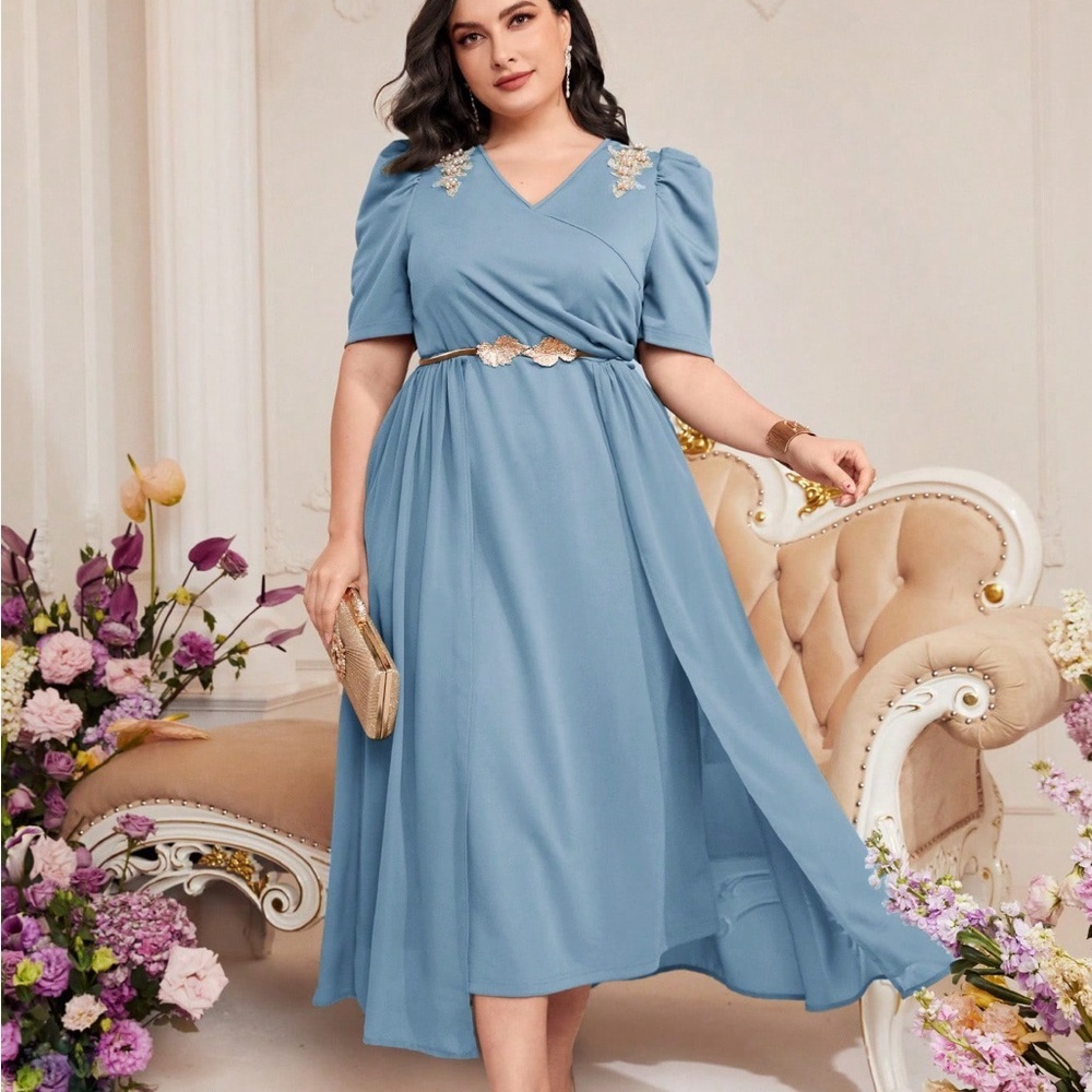 Women's Floral Applique Puff Sleeve Dress Without Belt